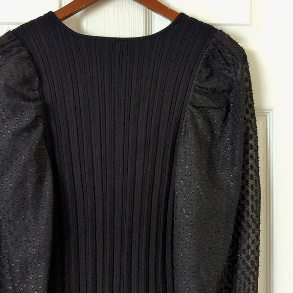 Anthropologie Ribbed Knit Scoop Neck Sheer Shimmer Puff Sleeve Sweater Black S - Picture 9 of 10